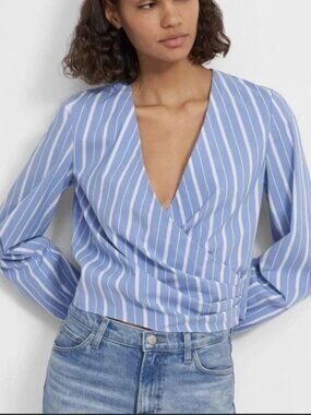 Theory V-Neck Wrap Top B-Quincy Stripe Long Sleeve Blue White Blouse Large